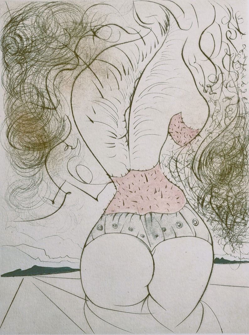 May include: A black and white line drawing of a woman's body with a pink and black patterned bodice and a black and white patterned skirt. The woman is standing with her back to the viewer and her arms are raised above her head. The drawing is set against a background of swirling lines.