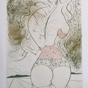 May include: A black and white line drawing of a woman's back, with a pink bodice and a black and white skirt. The woman's hair is drawn as a series of swirling lines.
