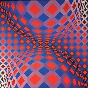 Puede incluir: Impresi&oacute;n de arte geom&eacute;trico abstracto con un patr&oacute;n repetitivo de diamantes rojos y azules. Los diamantes est&aacute;n dispuestos en una cuadr&iacute;cula, y los colores crean una sensaci&oacute;n de profundidad y movimiento.