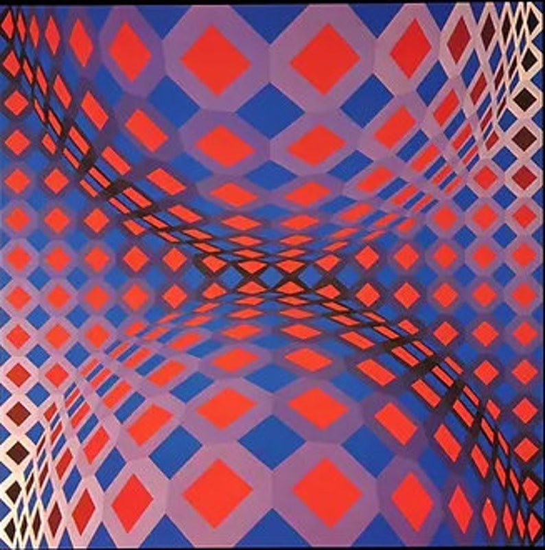 Puede incluir: Impresi&oacute;n de arte geom&eacute;trico abstracto con un patr&oacute;n repetitivo de diamantes rojos y azules. Los diamantes est&aacute;n dispuestos en una cuadr&iacute;cula, y los colores crean una sensaci&oacute;n de profundidad y movimiento.