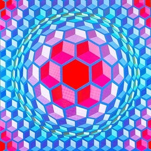 May include: A colorful abstract geometric pattern with a red hexagon in the center surrounded by pink and white hexagons. The background is a blue and turquoise pattern of hexagons.