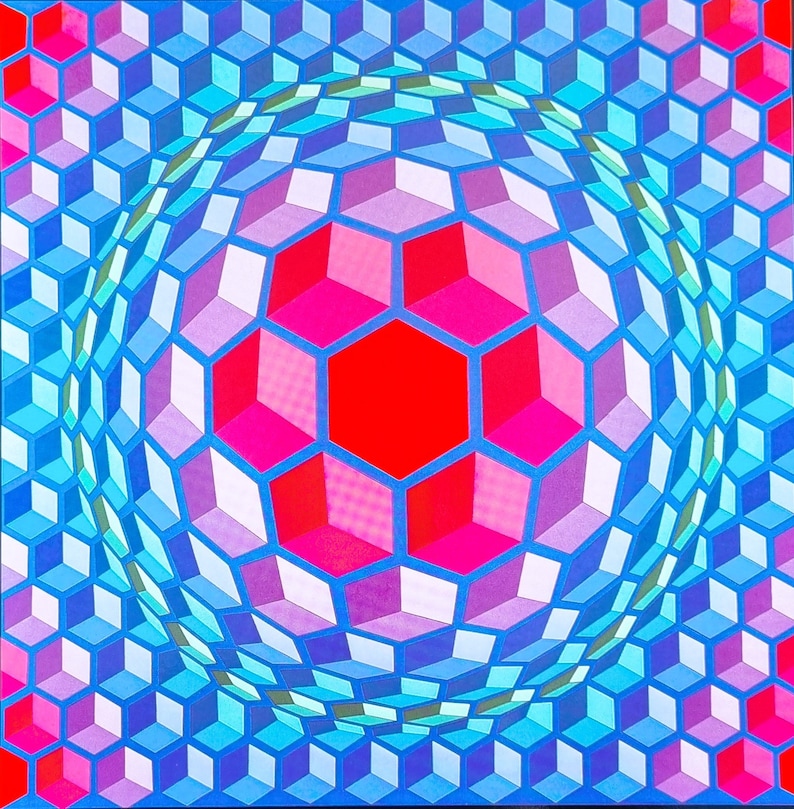 May include: A colorful abstract geometric pattern with a red hexagon in the center surrounded by pink and white hexagons. The background is a blue and turquoise pattern of hexagons.
