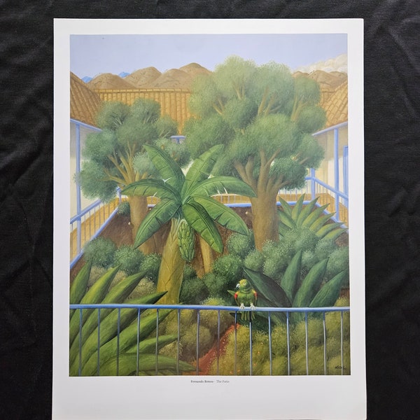 Fernando Botero "Le Perroquet du Patio" Au dos, copyright, titre et description de l'œuvre, 36,5 x28 cm.