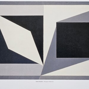 May include: Abstract geometric art print featuring a black square, white diamond, and gray shapes. The print is titled "Homage to Malevich" by Victor Vasarely.