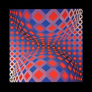 Puede incluir: Impresi&oacute;n de arte geom&eacute;trico abstracto con un patr&oacute;n repetitivo de cuadrados rojos y azules. Los cuadrados est&aacute;n dispuestos en una cuadr&iacute;cula y los colores son vibrantes y audaces.