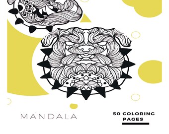Könnte beinhalten: Schwarz-weißes Mandala-Malbuch mit zwei Bulldoggenköpfen mit komplizierten Mustern. Der Text "MANDALA" und "50 MALBUCHSEITEN" ist im Bild enthalten.