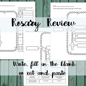 Könnte beinhalten: Schwarzweißes druckbares Arbeitsblatt mit einem Diagramm eines Rosenkranzes und dem Text "Rosary Review". Das Arbeitsblatt soll Menschen helfen, die verschiedenen Teile des Rosenkranzes und die Gebete zu lernen, die während jedes Teils gesprochen werden.