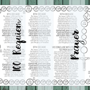May include: A printable Catholic prayer sheet with a black and white design. The sheet features a rosary with 10 decades, a cross, and text in English. The text includes the words "Eternal Rest, grant unto them, O Lord and let perpetual light shine upon them. May they rest in peace. Amen." and "We conclude with Psalm 130 "De Profundis".