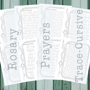 Puede incluir: Un conjunto de seis hojas de trabajo imprimibles con un diseño de rosario. Cada hoja de trabajo incluye una oración o frase diferente para leer y trazar, incluyendo el Padre Nuestro, el Ave María y la Gloria al Padre. Las hojas de trabajo están diseñadas para ayudar a los niños a aprender y practicar su escritura.