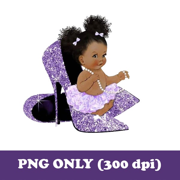 Black Baby Girl PNG, Purple Glitter High Heels Sublimation Design, Sparkling Shoes Clipart, Afro Princess, Cute Melanin Printable Files