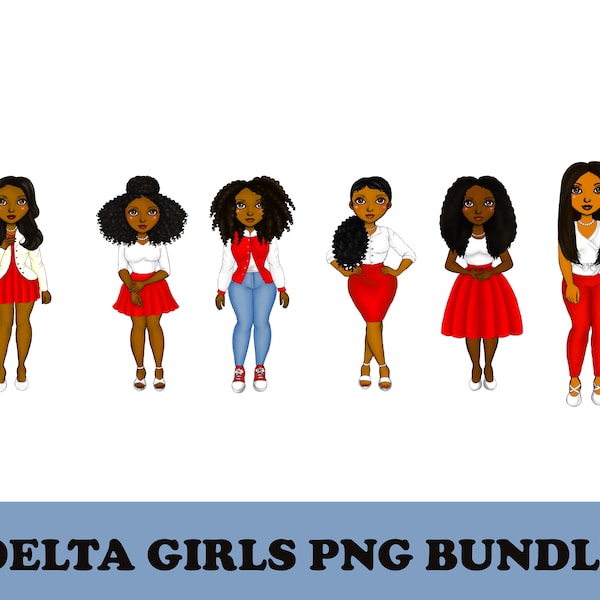 Natural Hair Delta Girls PNG Bundle, Delta Sigma Theta Sorority Girls, African American, Afro Curvy Women, Red white, Fashion Girl Clipart