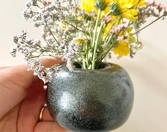 Ceramic black shimmery, glittery round bud vase