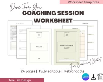 Coaching Session Worksheets Client Workbook, Canva Template