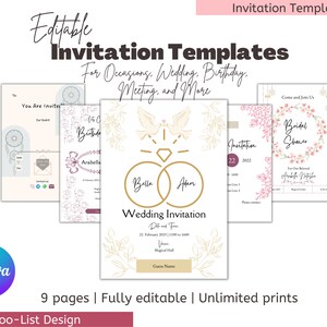 May include: Nine editable invitation templates for a variety of occasions, including weddings, birthdays, and meetings. The templates feature a minimalist design with floral elements and a colour palette of pink, white, and gold.
