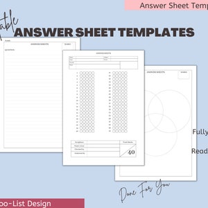 May include: A set of 14 printable answer sheet templates for exams or quizzes. The templates include lined paper, bubble sheets, and a Venn diagram. The templates are fully editable and ready to print.