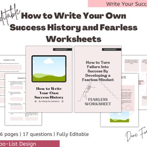 Puede incluir: Un conjunto de hojas de trabajo imprimibles para escribir un historial de éxito y desarrollar una mentalidad intrépida. Las hojas de trabajo están diseñadas para ayudarte a reflexionar sobre tus experiencias pasadas e identificar tus fortalezas y debilidades. Las hojas de trabajo son totalmente editables y se pueden utilizar para el desarrollo personal o profesional.