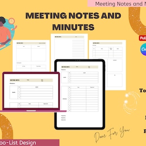 May include: A digital download of 12 printable pages for meeting notes and minutes. The pages are fully customizable and ready to print. The design is simple and modern with a yellow background and a black and white design.