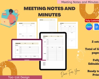 Meeting Notes and Minutes, Meeting Agenda Template, Canva editable, Google Docs, Office, Personal, Coaching, Event Management