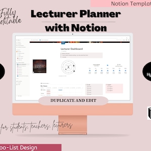 Könnte beinhalten: Ein Computerbildschirm zeigt eine Notion-Vorlage für einen Dozentenplaner. Die Vorlage enthält ein Dashboard, einen Kalender und To-Do-Listen. Der Text "DUPLICATE AND EDIT" ist auf dem Bildschirm sichtbar. Das Bild enthält auch den Text "Fully Editable", "8 Notion pages", "Lecturer Planner with Notion", "Easy for students, teachers, lecturers", "Too-List Design", "PDF Hyperlinks" und "Notion Templates".