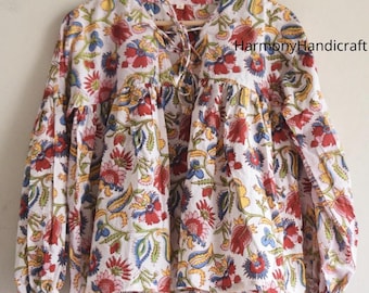 Handmade Cotton Block Print Top: Boho Balloon Sleeve Tunic