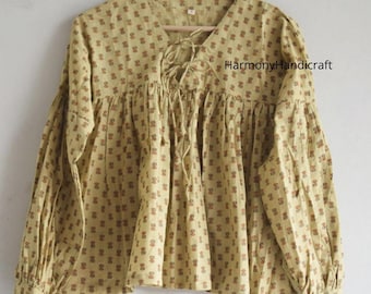 Handmade Cotton Block Print Top: Boho Floral Short Tunic