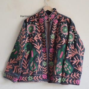 Velvet Suzani Embroidery Jacket, Handmade Indian Coat