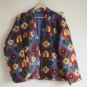 Cotton Suzani Embroidered Jacket: Boho Kimono Robe, Handmade in India
