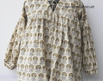 Handmade Cotton Block Print Top, Boho Floral Blouse