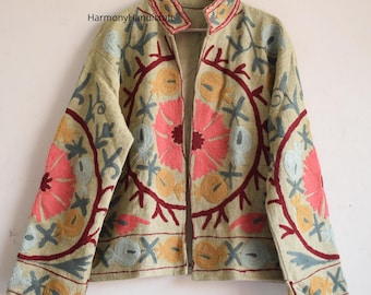 Womens Cotton Suzani Jacket, Embroidered Boho Kimono Coat