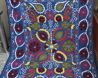 Manta Suzani hecha a mano, con bordado uzbeko, de algodón y lana, 228 x 152 cm