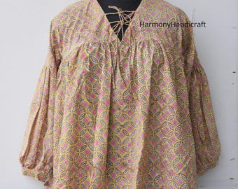 Cotton Block Print Balloon Sleeve Top, Handmade Indian Blouse