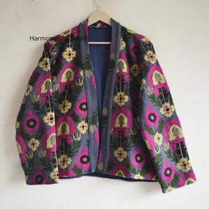 Cotton Suzani Embroidered Jacket: Boho Kimono Robe, Handmade in India