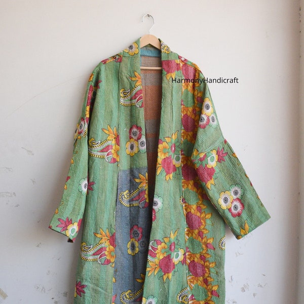 Kantha long kimono, Indian handmade kantha quilted long kimono jacket, cotton kimono, boho kantha coat, Kantha robe, colorful handmade robe