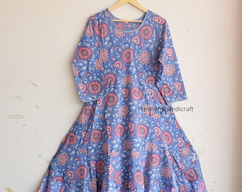 Hand Block Print Cotton Midi Dress: Floral Balloon Sleeve Handmade Dress