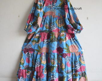 Hand Block Print Cotton Maxi Dress: Ruffle Tiered Boho Floral