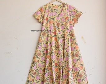 Cotton dress, Hand block print dress, Floral print dress, Cotton maxi dress, Handmade dress, Indian style dress, Printed dress, V neck dress