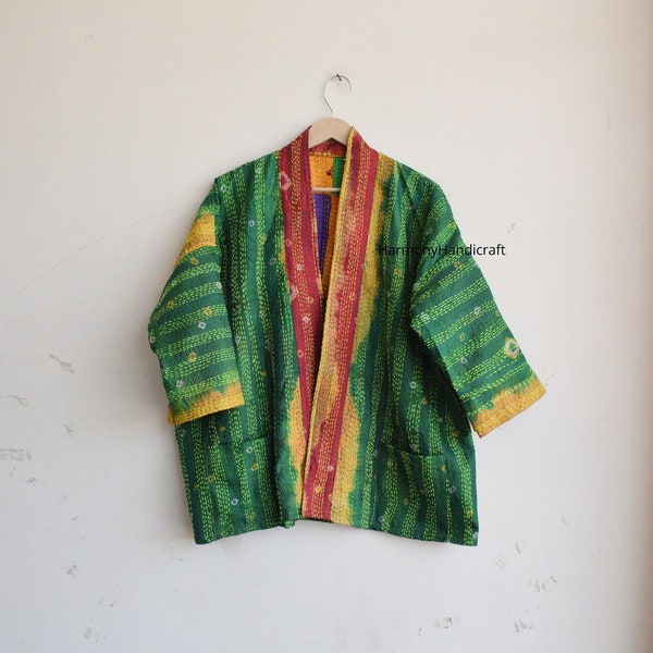 Reversible Silk kantha kimono, silk kantha jacket, Indian Handmade kantha quilted kimono, Silk Kantha Short Jacket,Kantha Jacket,Boho Kimono