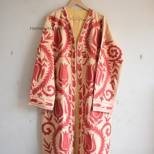 Embroidered Suzani Cotton Quilted Jacket: Boho Kimono Robe