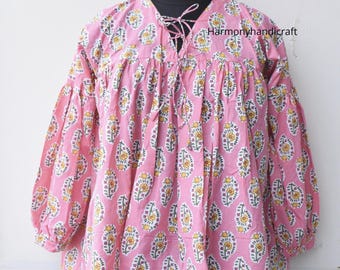 Cotton Block Print Top: Handmade Indian Blouse with Balloon Sleeves