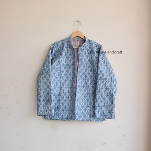 Handblock Print Kantha Quilted Jacket: Reversible Boho Cotton