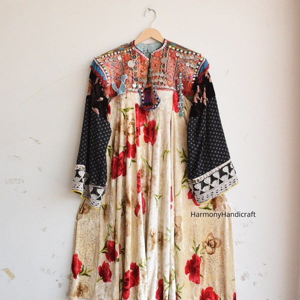 Afghani Kuchi dress, Vintage women Afghan Dress, Embroidered Beaded Coins Dress, Embroidery Coin Work, Vintage kuchi dress, gypsy boho dress