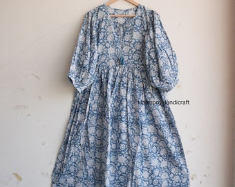 Robe longue en coton, robe midi en coton, robe imprimée bloc à main, robe imprimée bloc long floral, robe maxi en coton, robe faite à la main, robe imprimée