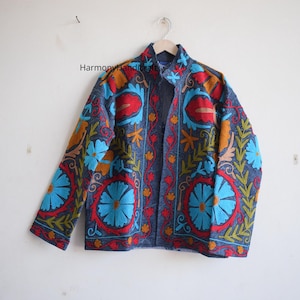 Suzani coat, Womens Suzani jacket, Denim embroidery jacket, Handmade embroidery coat, Suzani kimono robe, Cotton quilted Boho jacket
