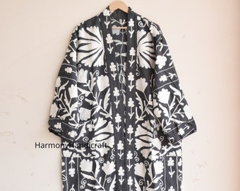 Suzani Kimono Robe, Womens Suzani jacket, Indian Cotton embroidery jacket, Handmade embroidery coat, Suzani Coat, Cotton quilted Boho jacket