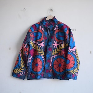 Suzani coat, Womens Suzani jacket, Denim embroidery jacket, Handmade embroidery coat, Suzani kimono robe, Cotton quilted Boho jacket
