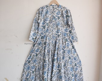 Handmade Cotton Block Print Maxi Dress, Floral Boho Tiered Dress