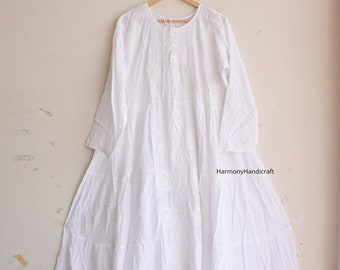 Vestido blanco de algodón, vestido largo bordado de algodón, vestido bordado blanco, vestido boho hecho a mano para mujer vestido de estilo indio, vestido Maxi de algodón