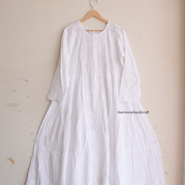 Cotton white dress, Long cotton Embroidery dress, White embroidered dress, Women handmade boho dress Indian style dress, cotton Maxi dress