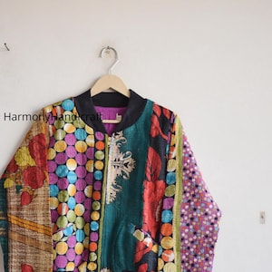 Handmade Kantha Quilted Bomber Jacket, Reversible Cotton Block Print, Bohemian Style