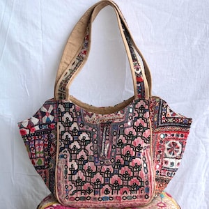 Vintage Banjara Tote Bag, Handmade Afghan Embroidery, Patchwork Shoulder Bag